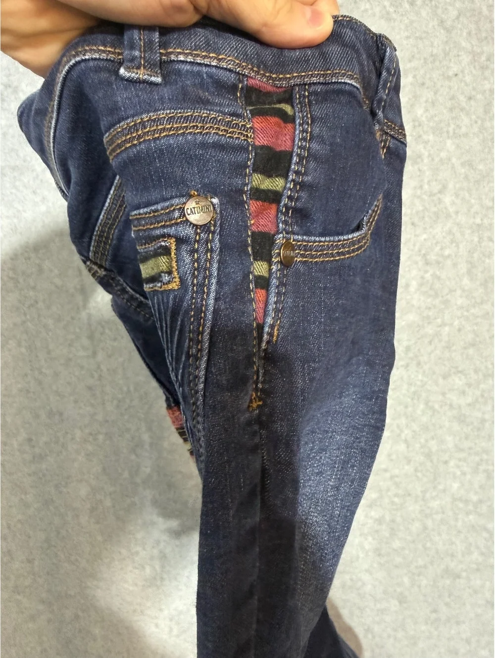 Catimini Kids Size 4 Dark Blue Jeans Colorful Pocket Trim Elastic Waist